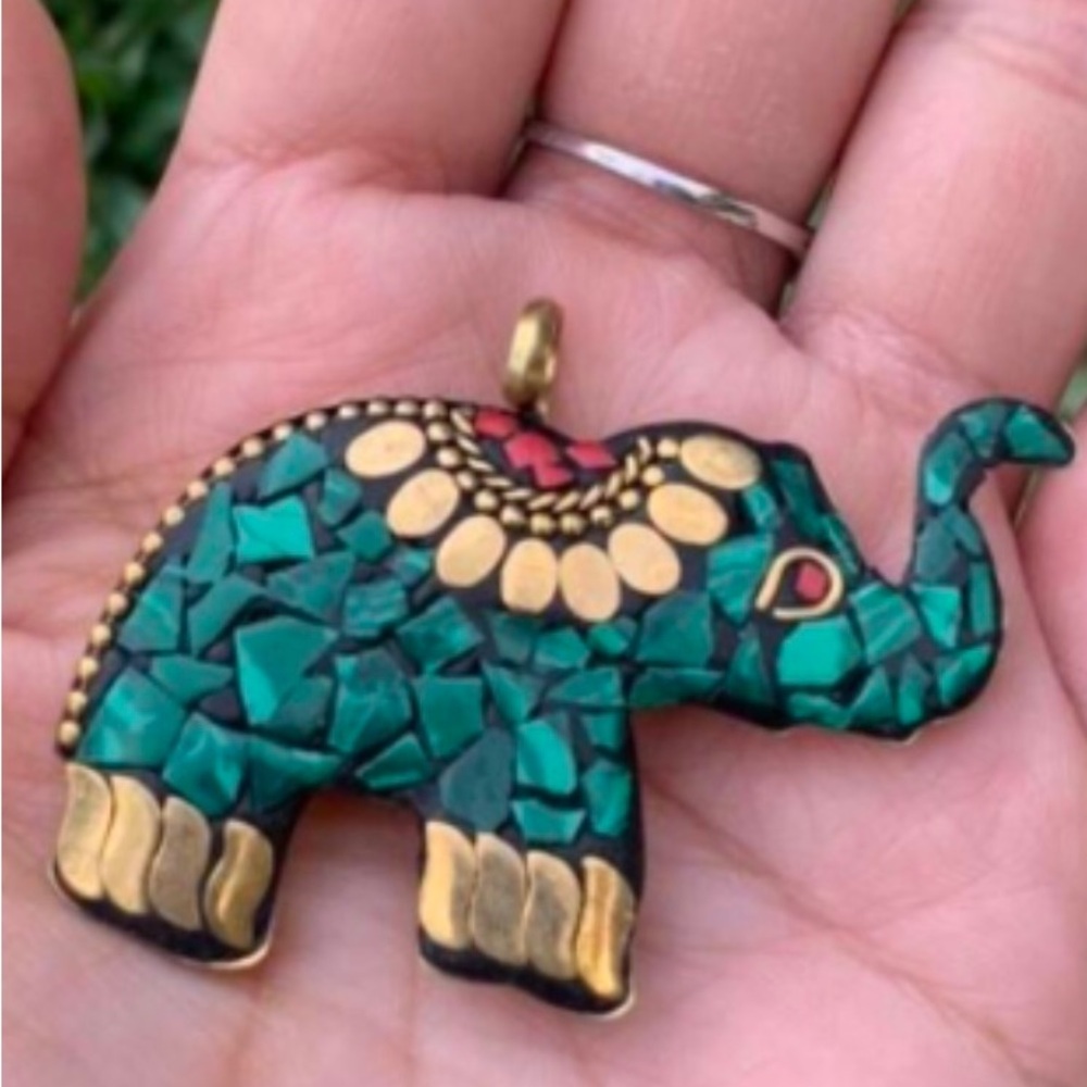 Malachite Tibetan Elephant Pendant | Reversible - Turquoise/Coral & Gold-Tone - Picture 2 of 3